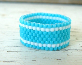 Turquoise and White Beaded Ring, Striped Beadwoven Band, Modern Style, Southwestern Jewelry, Custom Size, Peyote Bead Weaving, Made To Order