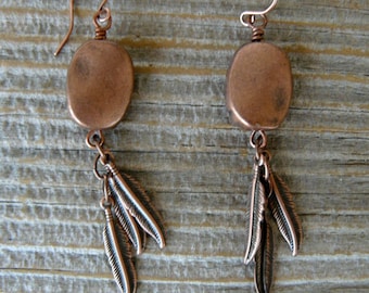 Copper Feather Earrings, Antique Copper Bead and Feather Drops, Southwestern Jewelry, Boho Dangles