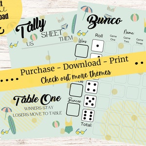 Bunco Scorecards; Bunco Spring Break theme; Bunco Night; Bunco Tally Sheets; Printable Bunco Cards; Bunco Table Numbers; Tally Sheets
