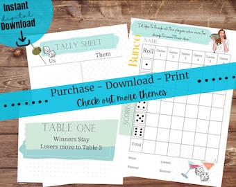 May include: Printable Bunco game scorecard with a tally sheet and table assignment instructions. The game is themed with a martini glass and dice. The text reads "Id like to thank all the players who were too drunk to count their dice."