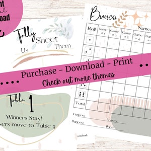 Bunco Scorecards; Bunco Boho Theme; Bunco Night; Bunco Tally Sheets; Printable Bunco Cards; Bunco Table Numbers; Tally Sheets
