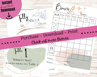 May include: Printable Bunco game scorecard with a watercolor background. The scorecard includes a space for the player's name, roll, and score for each game. The scorecard also includes a section for the total score, buncos, and wins.
