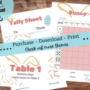 Easter Bunny Ears Bunco theme; Bunco Scorecards; Bunco Night; Bunco Tally Sheets; Printable Bunco Cards; Bunco Table Numbers; Tally Sheets