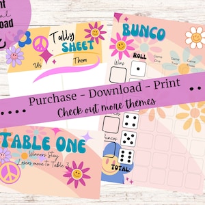 May include: Printable game cards with a 70s theme. The cards feature a pink and orange background with flowers and peace signs. The text on the cards includes "Tally Sheet", "Bunco", "Table One", "Winners Stay", "Losers move to Table 3", "Roll", "Game One", "Game Two", "Game Three", "Game Four", and "Total".