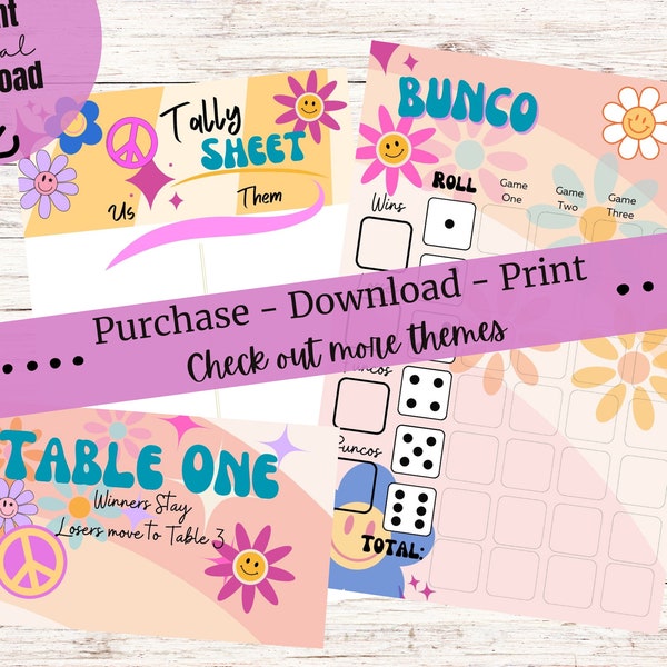 70's theme Bunco, Retro Bunco, Printable Bunco Set-Complete Bunco Set-Bunco Card, Bunco Tally Sheet, Bunco Table, Download  Bunco Scorecard