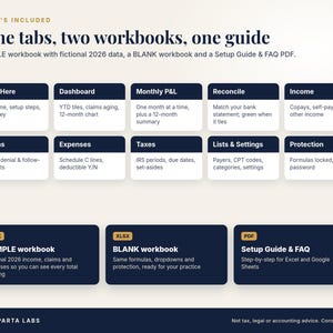 May include: A digital organizational tool featuring nine tabs including Start Here, Dashboard, Monthly P&L, Reconcile, Income, Claims, Expenses, Taxes, Lists & Settings, and Protection. Includes a sample workbook, blank workbook, and setup guide.
