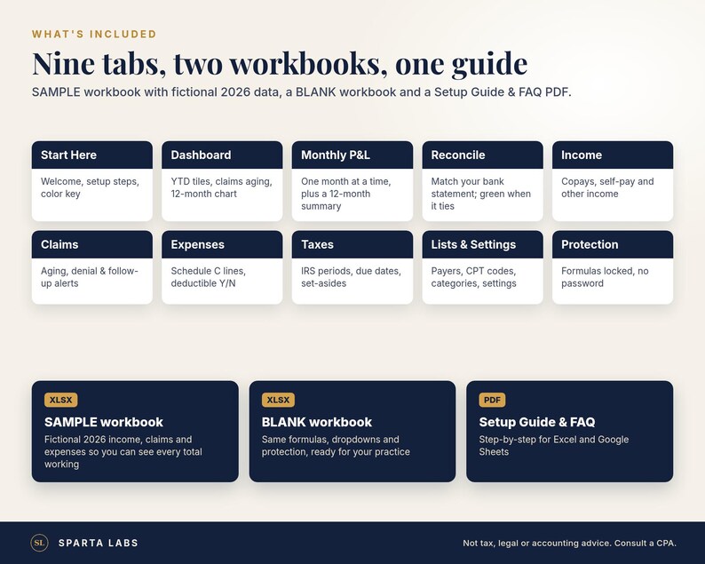 May include: A digital organizational tool featuring nine tabs including Start Here, Dashboard, Monthly P&L, Reconcile, Income, Claims, Expenses, Taxes, Lists & Settings, and Protection. Includes a sample workbook, blank workbook, and setup guide.