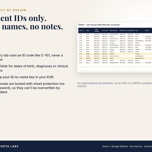 Puede incluir: Una plantilla de hoja de c&aacute;lculo digital titulada Privacy by Design, Client IDs only. No names, no notes. Presenta una tabla de datos con columnas para Client ID, Status, Last Contact, Referral Source, Intake Date, Consent Signed, Payer, Auth # y Authorized Visits.