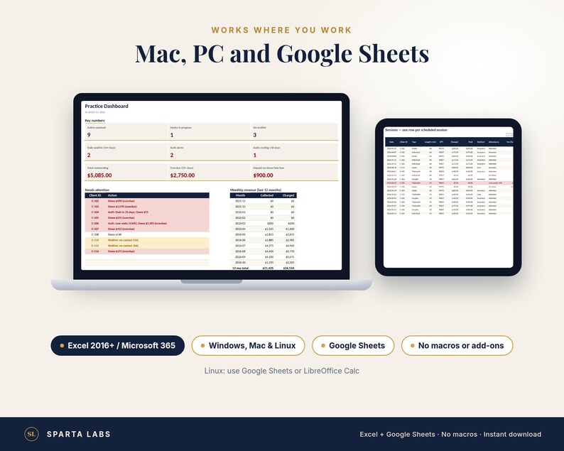 Puede incluir: Un panel de control digital mostrado en una pantalla de port&aacute;til y tableta, con tablas de datos, m&eacute;tricas financieras y etiquetas de texto. Debajo hay cuatro botones: Excel 2016+/Microsoft 365, Windows, Mac & Linux, Google Sheets y No macros or add-ons.