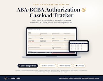 ABA-Autorisierungs-Tracker | BCBA-Fallzahlenübersicht | Einheiten nach CPT-Code, Burn-Down-Analyse und RBT-Supervisionsprüfung | Excel- und Google-Tabellen