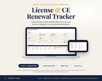 Lizenz- und Fortbildungsverlängerungs-Tracker für Therapeuten in mehreren Bundesstaaten (Excel und Google Sheets)