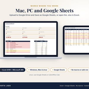 May include: A digital practice dashboard displayed on a laptop and tablet screen. Text includes Works Where You Work, Mac, PC and Google Sheets, Practice Dashboard, and compatibility labels like Excel 2016+, Windows, Mac & Linux, and Google Sheets.