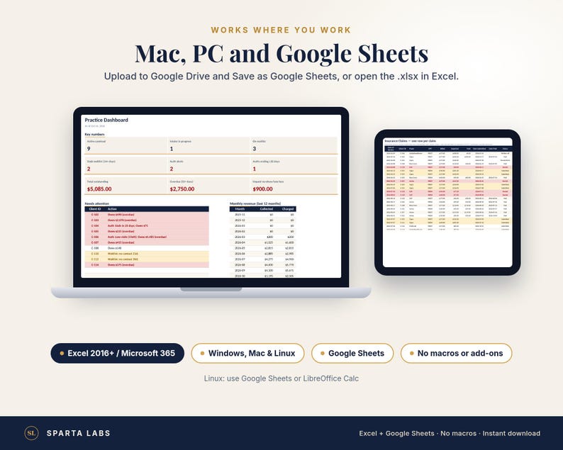 May include: A digital practice dashboard displayed on a laptop and tablet screen. Text includes Works Where You Work, Mac, PC and Google Sheets, Practice Dashboard, and compatibility labels like Excel 2016+, Windows, Mac & Linux, and Google Sheets.