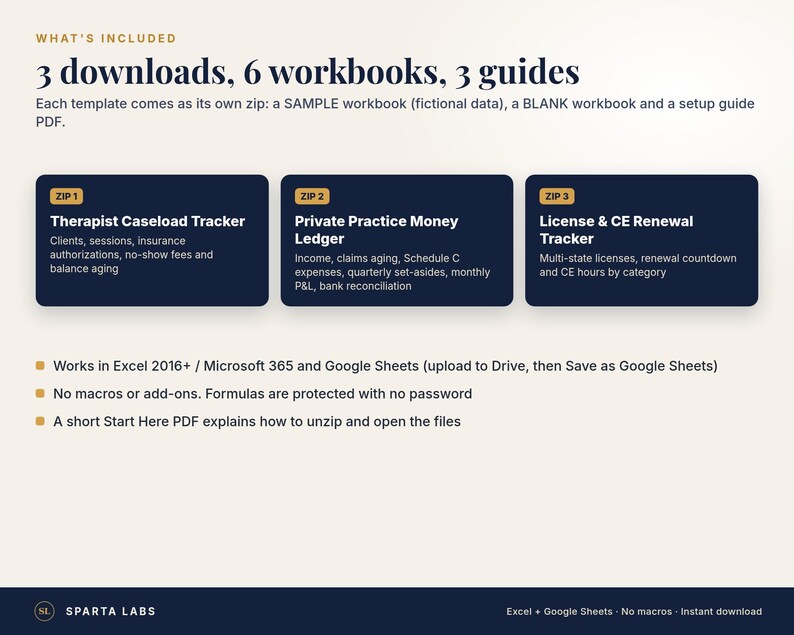 May include: A digital product bundle featuring 3 downloads, 6 workbooks, and 3 guides. Includes a Therapist Caseload Tracker, Private Practice Money Ledger, and License & CE Renewal Tracker. Compatible with Excel 2016+, Microsoft 365, and Google Sheets.