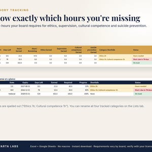 May include: A digital dashboard titled Category Tracking with tables displaying professional licensing hours, ethics, supervision, cultural competence, and suicide prevention requirements. Includes status columns for tracking progress and shortfalls.