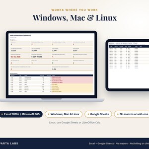 May include: A digital dashboard interface displayed on a laptop and tablet screen, featuring the text Works Where You Work Windows, Mac & Linux. The screen shows data tables, authorization metrics, and session logs. Below are buttons for Excel 2016+, Microsoft 365, Google Sheets, and no macros.