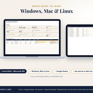 May include: A laptop and tablet displaying a CE & Renewal Dashboard with data tables. Text reads: Works where you work, Windows, Mac & Linux, Excel 2016+/Microsoft 365, Google Sheets, No macros or add-ons, and Sparta Labs at the bottom.