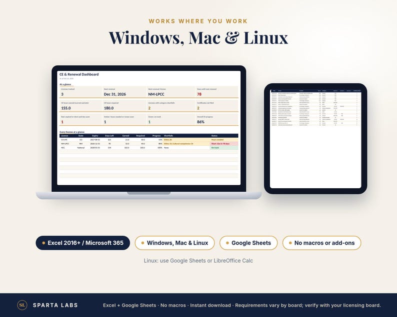 May include: A laptop and tablet displaying a CE & Renewal Dashboard with data tables. Text reads: Works where you work, Windows, Mac & Linux, Excel 2016+/Microsoft 365, Google Sheets, No macros or add-ons, and Sparta Labs at the bottom.