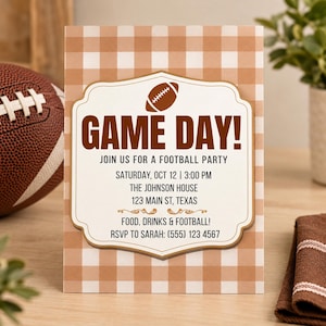 Football Party Invitation Template, Editable Canva Invite, Rustic Brown Gingham, Printable 5x7 Tailgate