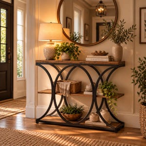 Puede incluir: Una mesa consola con tablero de madera oscura y dos estantes inferiores, sostenida por una estructura de metal negro con grandes acentos circulares. La mesa sostiene una lámpara, plantas en macetas, una cesta, libros y vasijas de cerámica.