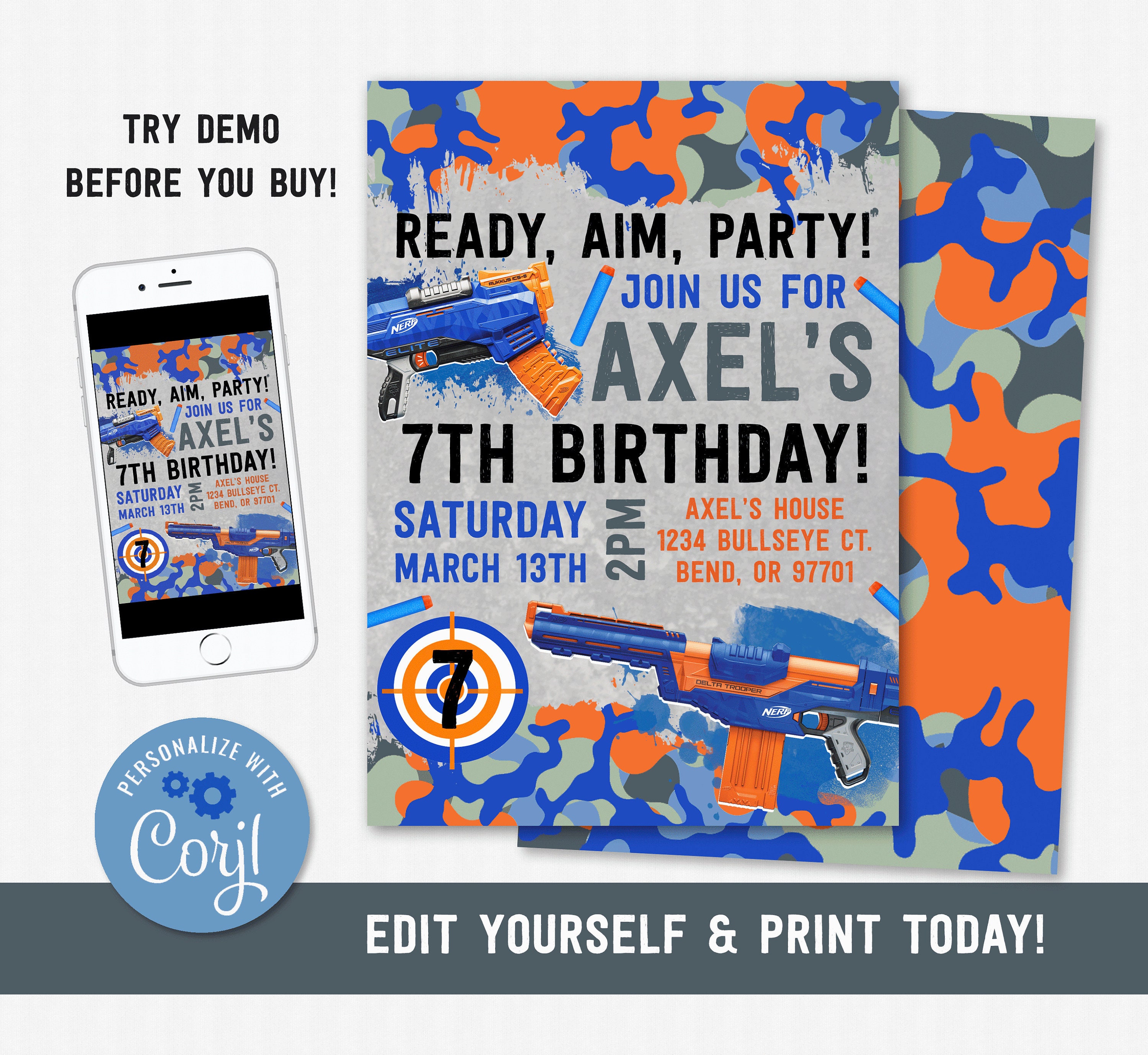 Nerf Birthday Invitation Nerf Invitation Dart Birthday Etsy