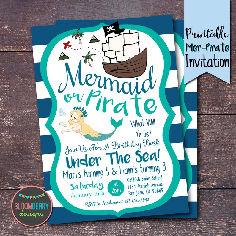 Pirates And Mermaids Party Invitation Mermaid Pirate Birthday Etsy