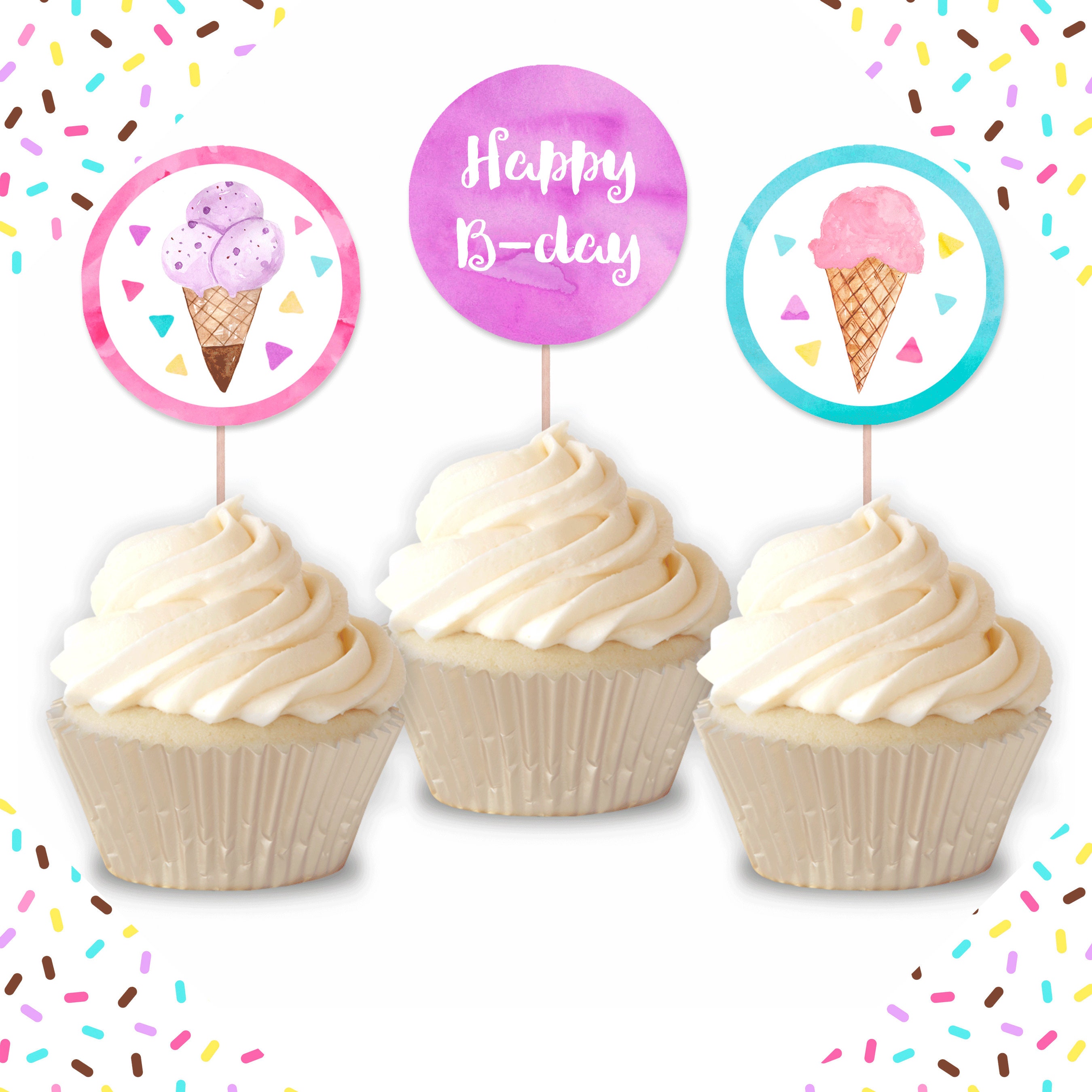 Printable Ice Cream Cupcake Toppers Ice Cream Party Decor Etsy