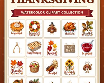 Puede incluir: Una colección digital de 20 imágenes prediseñadas en acuarela con temática de Acción de Gracias que incluyen ilustraciones de calabazas, pavos, hojas de otoño, pasteles, maíz y comida festiva, con textos como "Grateful" y "Thankful".