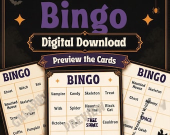 Puede incluir: Un juego de Bingo de Halloween en descarga digital que incluye tres tarjetas de juego con una cuadrícula de palabras temáticas como Ghost, Witch, Bat, Vampire y Pumpkin. El diseño incluye texto naranja y morado.