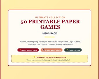 Puede incluir: Una página de portada digital para una colección de 50 juegos de papel imprimibles. El texto dice Ultimate Collection 50 Printable Paper Games Mega-Pack, incluyendo acertijos, sopas de letras y juegos grupales.