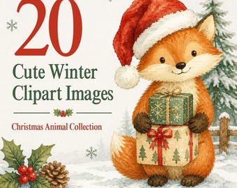 Puede incluir: Una ilustración en acuarela de un zorro con un gorro de Papá Noel rojo, sosteniendo dos cajas de regalo. El texto dice 20 Cute Winter Clipart Images y Christmas Animal Collection. Se ven bayas de acebo, una piña y copos de nieve.