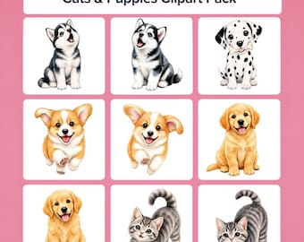 Puede incluir: Una colección de imágenes prediseñadas titulada Cats & Puppies Clipart Pack que presenta nueve ilustraciones de varios cachorros y gatitos, incluyendo diseños de husky, dálmata, corgi, golden retriever y gato atigrado sobre fondo rosa.