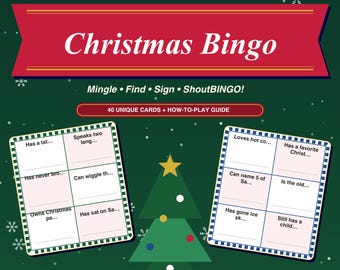 Puede incluir: Un juego de bingo navideño con fondo verde oscuro, luces, copos de nieve y un árbol central. El texto dice Merry & Bright, Christmas Bingo, Mingle Find Sign ShoutBINGO! y 40 Unique Cards + How-To-Play Guide.