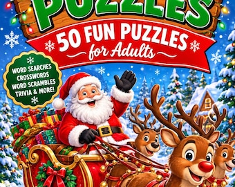 50 rompecabezas navideños para adultos en formato PDF, con páginas individuales para cada rompecabezas y una clave de respuestas al final.
