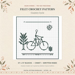 Bicycle Ride Filet Crochet Pattern PDF, Saura-Inspired Art, Chart and Written Rows