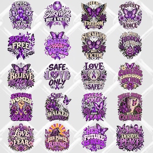 Könnte beinhalten: Eine Sammlung von zwanzig runden Aufklebern mit violetten Bewusstseinsschleifen, Schmetterlingen und Blumenmotiven. Jeder Aufkleber zeigt stärkende Texte wie Break the Silence, Survivor Not a Victim, Raise Your Voice und Love Should Feel Safe.
