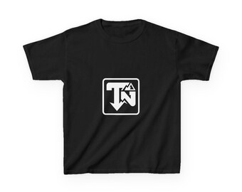 May include: A black short-sleeve t-shirt featuring a white square logo on the chest. The logo contains the letters TN with a mountain graphic integrated into the top of the N, all enclosed within a white rounded square border.