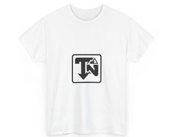 May include: A white short-sleeved t-shirt featuring a centered black square graphic. Inside the square is a stylized black logo with the letters TN and a small mountain peak icon integrated into the design, all set against the plain white fabric.