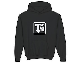 May include: A black hooded sweatshirt featuring a white graphic on the chest. The graphic is a square with rounded corners containing the letters TN, with the letter N incorporating a mountain peak design and an arrow pointing downward.