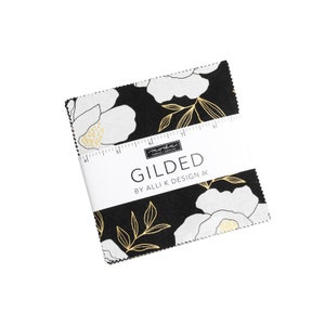 MODA Gilded by Alli K Design Charm Pack 11530PP Metallic Gold Text Floral