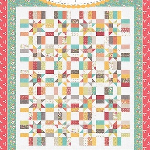Può includere: Un modello di trapunta intitolato #233 Jelly Twinkle di Coriander Quilts di Corey Yoder. Il design presenta una griglia di blocchi a stella multicolori nelle tonalità del rosso, giallo, verde acqua e bianco, circondato da un bordo floreale.