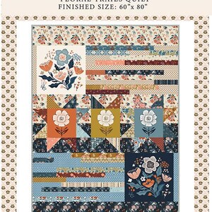 May include: A quilt pattern featuring a floral design with a blue, white and orange colour scheme. The pattern is called "Floral Trails Quilt" and is designed by Fancy That Design House. The finished size of the quilt is 60 inches by 80 inches.