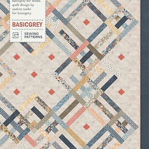 May include: A quilt pattern titled "Baker's Lattice" by Basicgrey. The design features a lattice pattern with intersecting strips in various colors and patterns, including floral and geometric prints. The quilt has a neutral background with orange diamond accents.