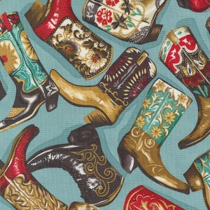 May include: A teal blue background with a repeating pattern of colorful cowboy boots. The boots are decorated with floral and geometric designs.