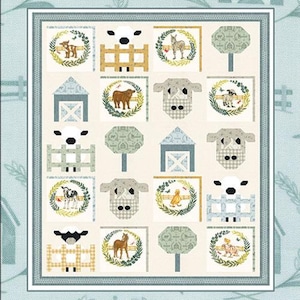 May include: A quilt pattern titled "A Farm for Willow" by Coach House Designs. The pattern features a variety of farm animals, including cows, sheep, chickens, and horses, as well as farm buildings and fences.