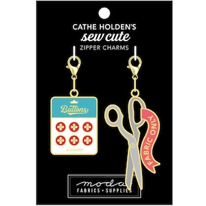 Scissor and Button Card Enamel Zipper Pulls (Set of Two) Cathe Holden Sew Cute Zipper Charms CH102 Moda Fabrics