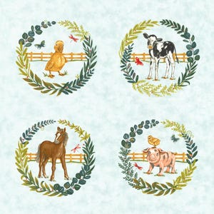 May include: A set of eight illustrations of farm animals, each surrounded by a wreath of green leaves and flowers. The animals include a calf, a goat, a duckling, a cow, a foal, a pig, a lamb, and a donkey.