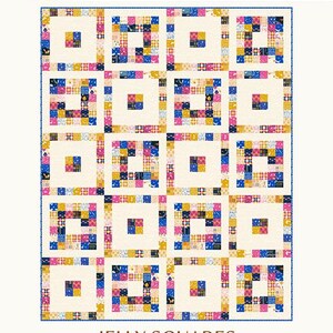 May include: A quilting pattern for a Jelly Squares quilt in runner, baby, and throw sizes. The pattern features a colourful patchwork design with squares of yellow, blue, pink, and white fabric. The pattern is from Copper Kettle Quilt Company.