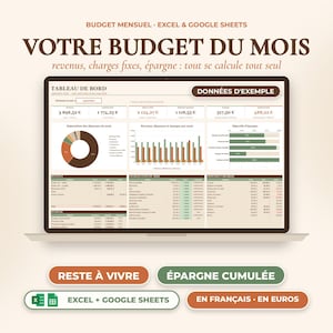 Budget mensuel Excel & Google Sheets, planificateur budget familial en français, French Budget Planner, suivi dépenses et épargne
