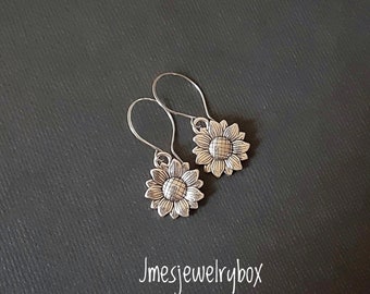 Silver sunflower earrings, Sunflower jewelry, Silver sun flower earrings, Silver flower earrings